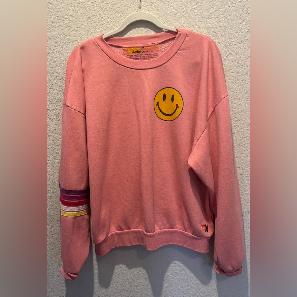 Aviator Nation 5 STRIPE SMILEY 2 RELAXED SWEATSHIRT - PETAL, Size Medium